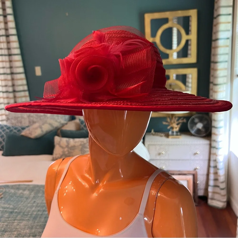Elegant Red Wide-Brim Decorative Women's Hat - Picture 2 of 8